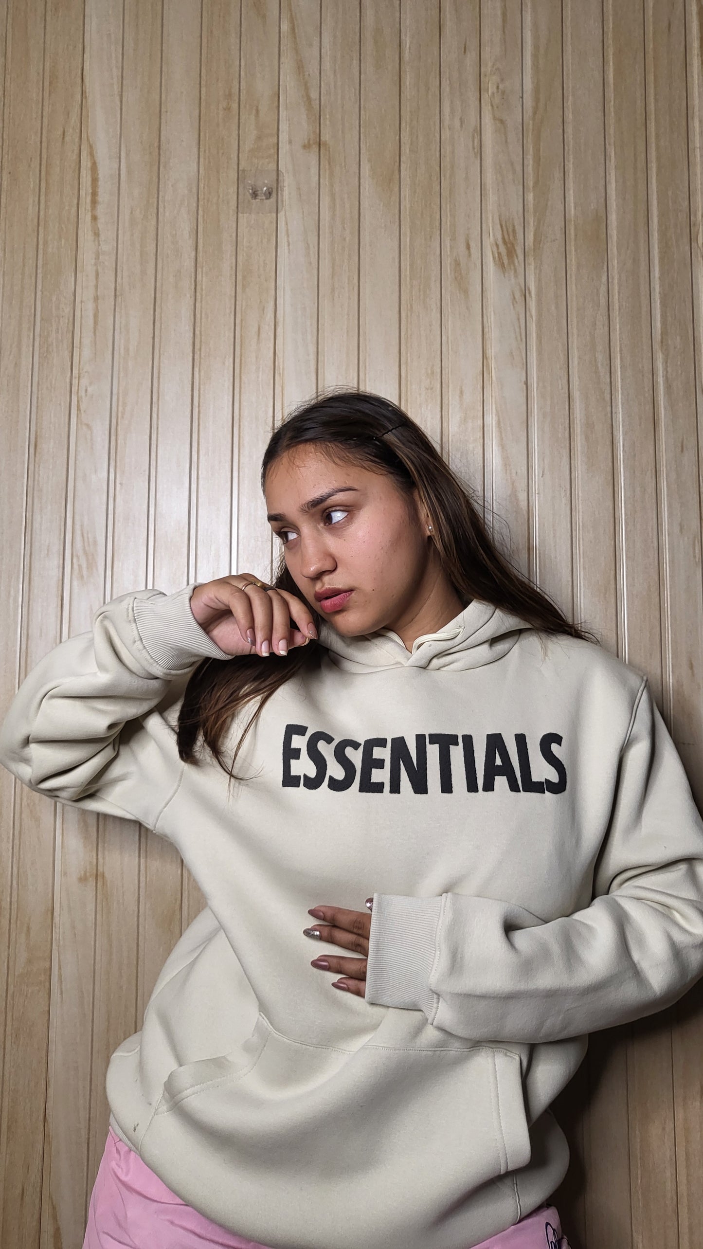 'ESSENTIALS' with Puff Print Off White Hoodie