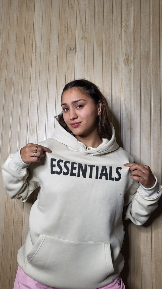 'ESSENTIALS' with Puff Print Off White Hoodie