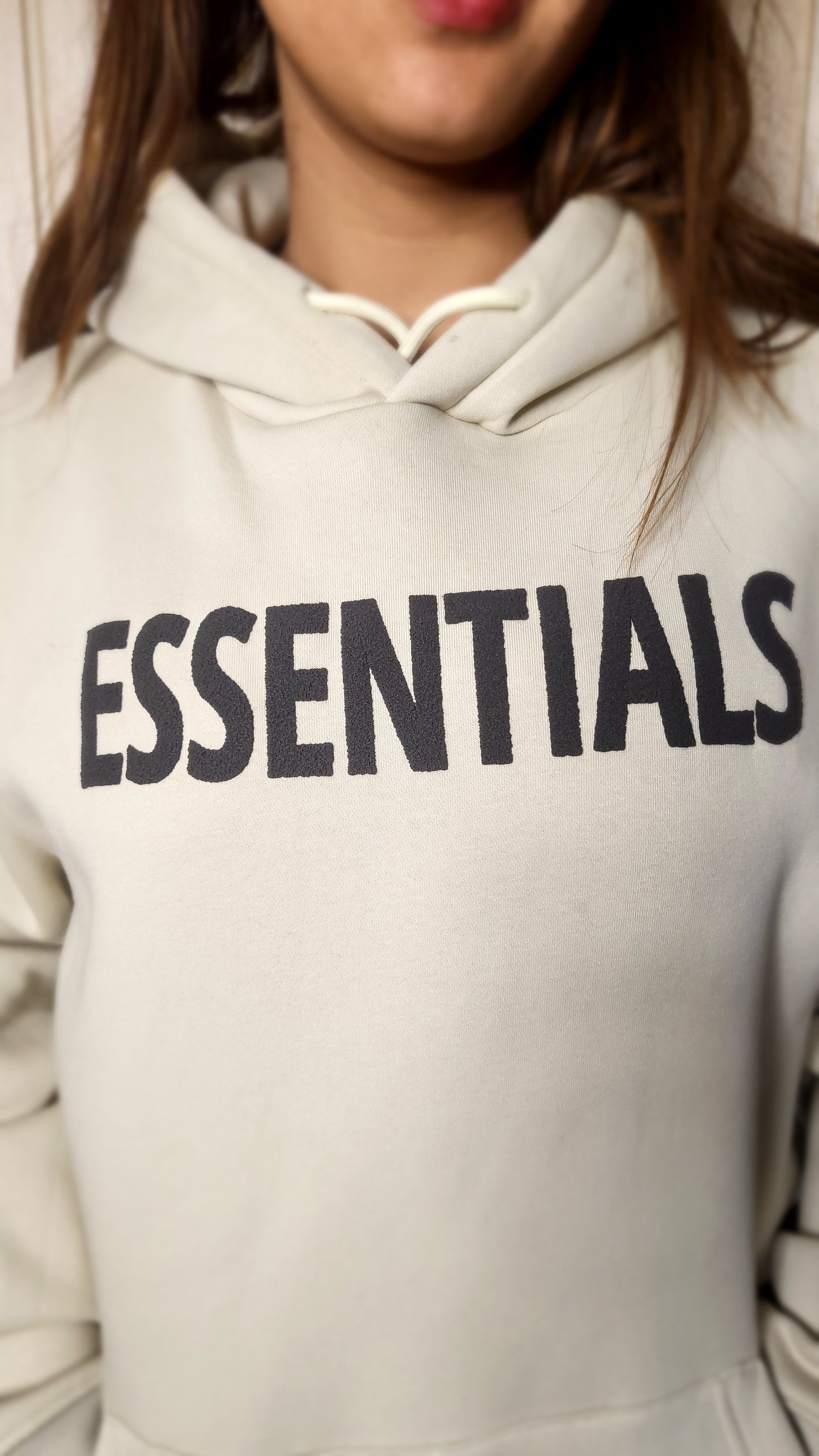 'ESSENTIALS' with Puff Print Off White Hoodie