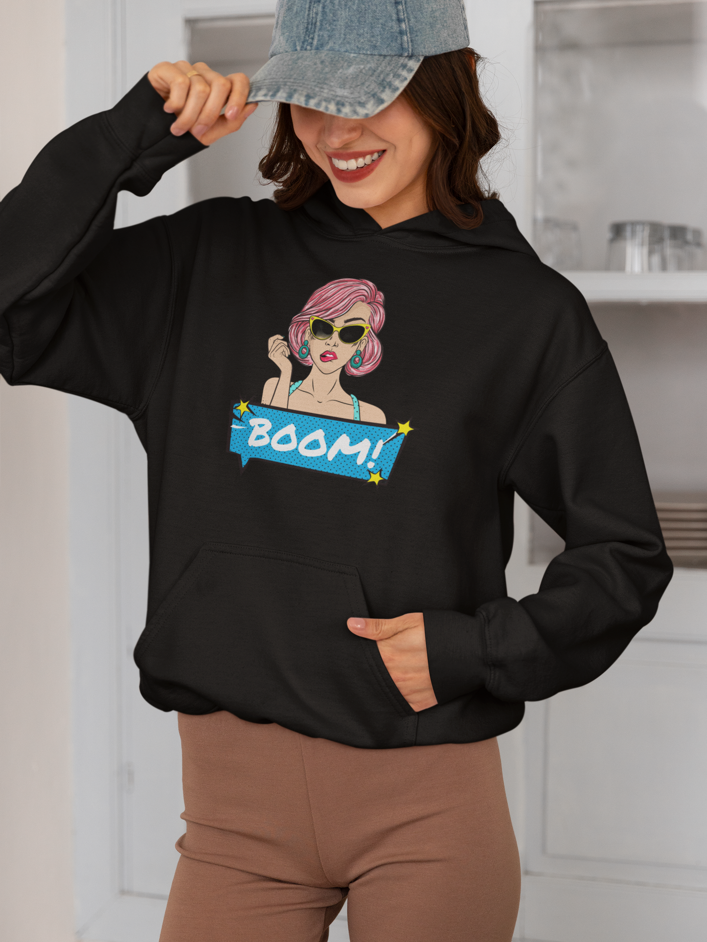 Black Hoodie with Abstract Print "Boom" and Girl Graphic