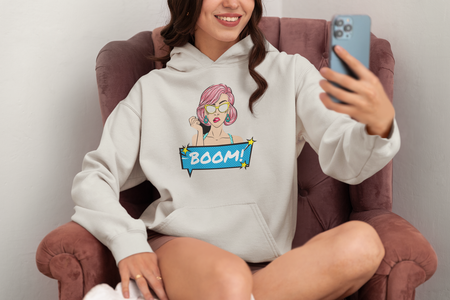 Dawson's Originals Off-White Hoodie with Abstract Print "Boom" and Girl Graphic