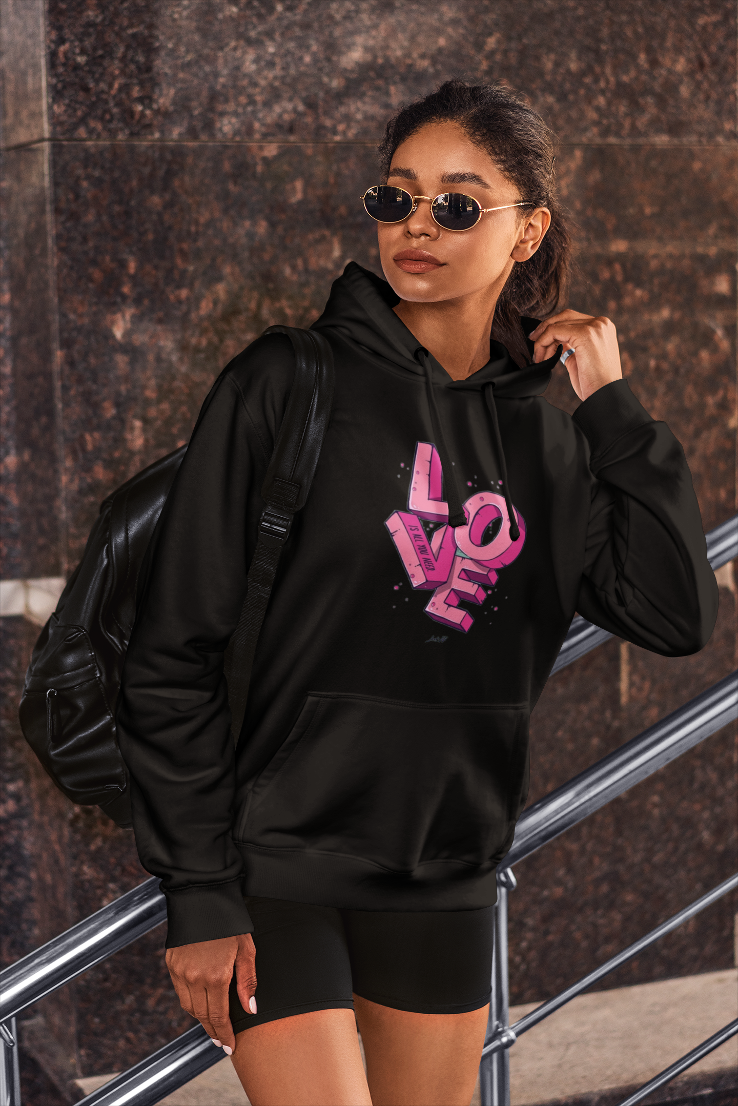 Abstract LOVE Print Hoodie in BLACK for Women: Artistic, Bold, and Full of Heart