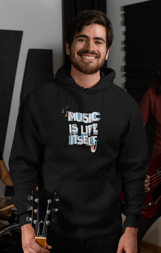 BLACK "Music is LIFE ITSELF" Hoodie with Abstract Print