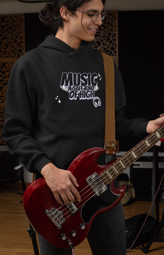 BLACK "Music is a safe High" Hoodie with Abstract Print