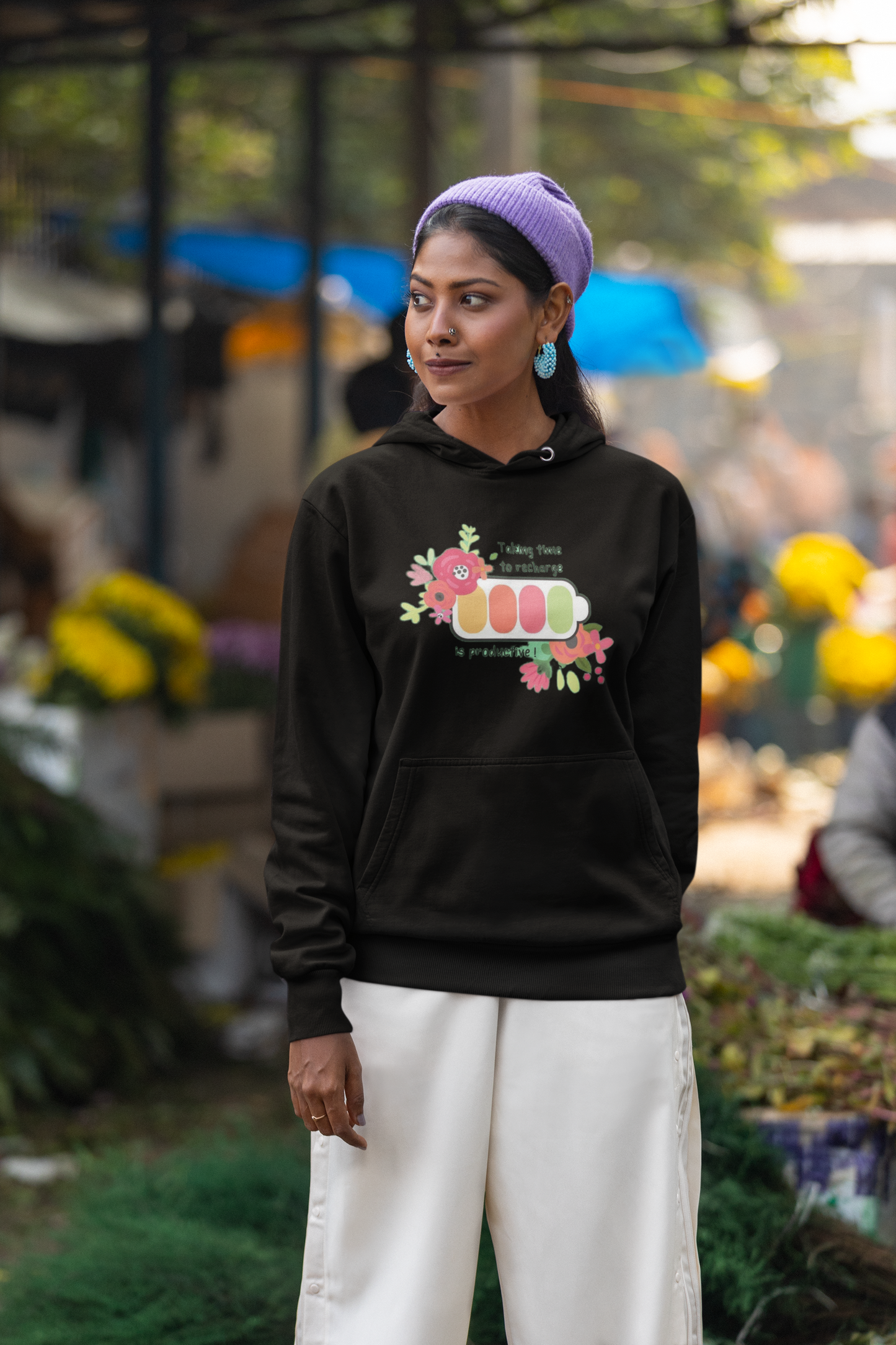 Taking Time to Recharge Yourself Print Hoodie in BLACK : Pause, Reflect, Recharge