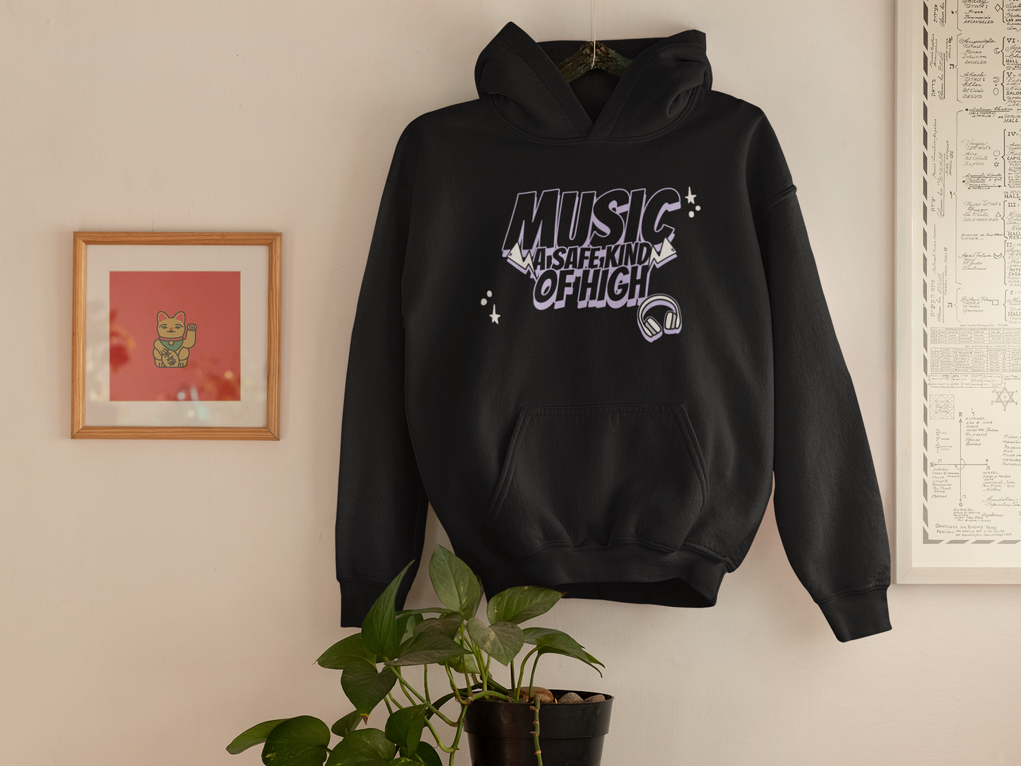 BLACK "Music is a safe High" Hoodie with Abstract Print