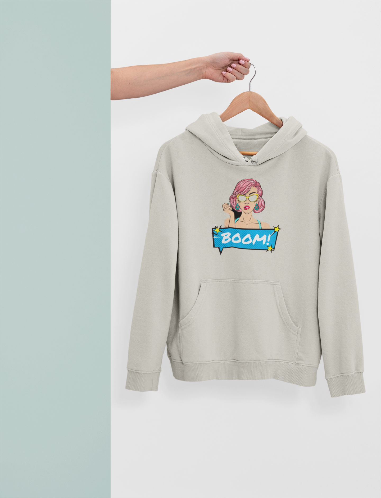 Dawson's Originals Off-White Hoodie with Abstract Print "Boom" and Girl Graphic