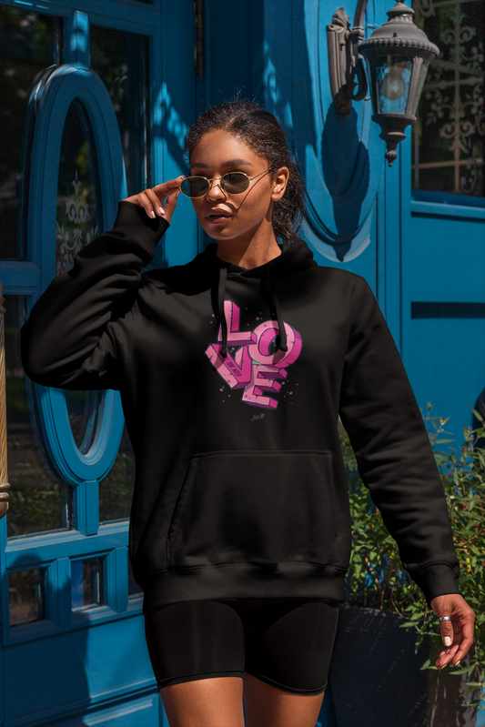 Abstract LOVE Print Hoodie in BLACK for Women: Artistic, Bold, and Full of Heart