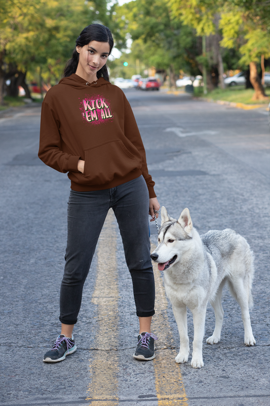 "Kick 'em All" BROWN Hoodie with Abstract Print