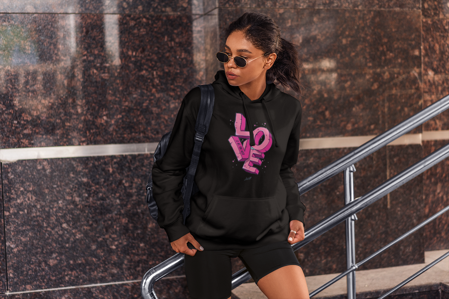 Abstract LOVE Print Hoodie in BLACK for Women: Artistic, Bold, and Full of Heart